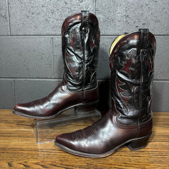 Vintage Dan Post Western Cowboy Boots 10.5 D Black Burgundy Leather Made in USA - Picture 2 of 8